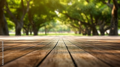 Wood floor with blurred bokeh trees