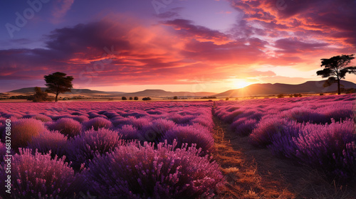 Lavender field sunset and lines. Generative AI