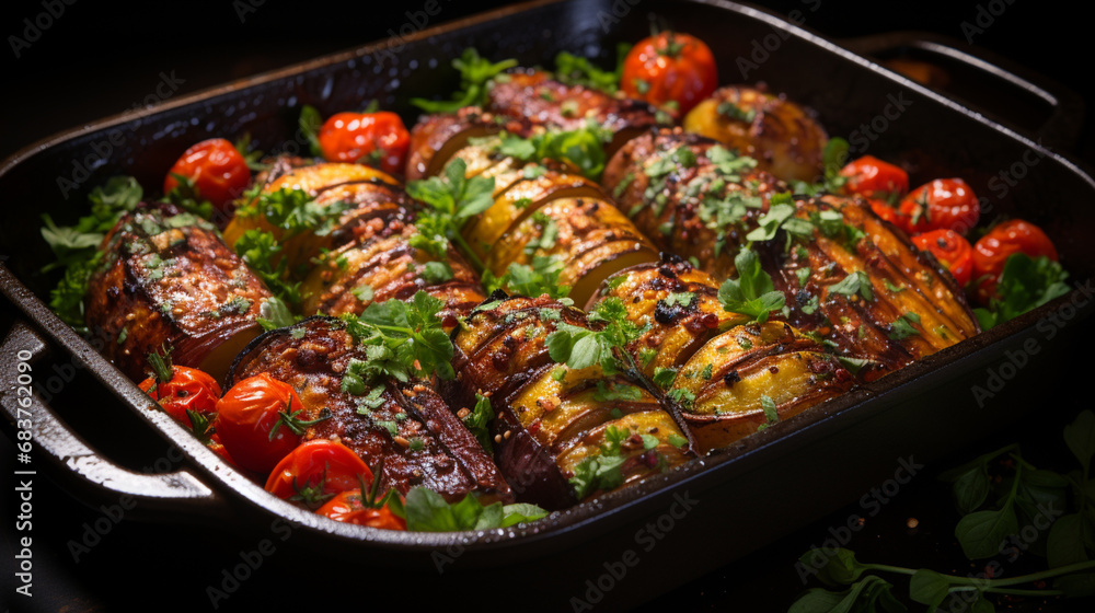 Baked eggplant with tomatoes, garlic and paprika. Generative AI Baked eggplant with tomatoes, garlic and paprika. Generative AI