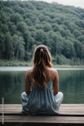 Women meditating, sitting on a dock.