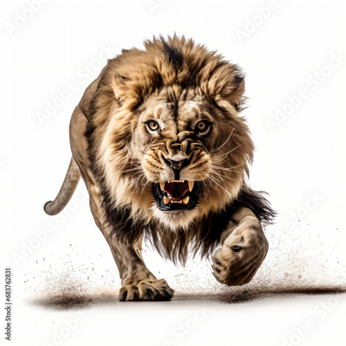 Lion pouncing on prey isolated on white background