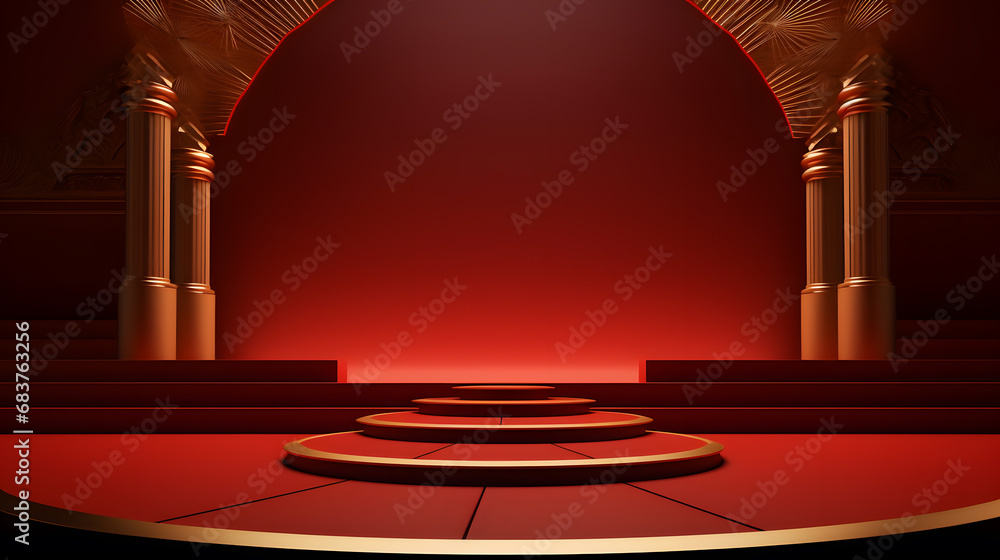 Chinese New Year background with podium, paper fan and bokeh, stage lighting on red Background Chinese New Year background with podium, paper fan and bokeh, stage lighting on red Background