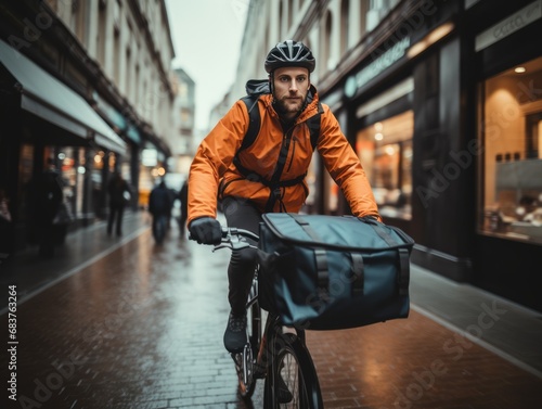 Focused young male delivery man in protective helmet riding bicycle with cardboard boxes on street in city photo