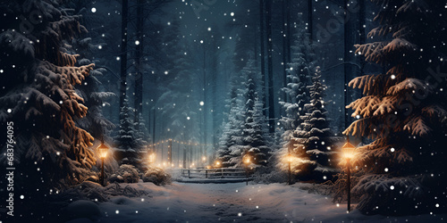 Illuminate pine tree in forest snow rain Snowy trees in a snowy landscape with sky winter christmas forest beautiful and satisfy background Ai Generative