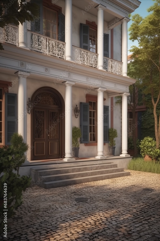 Porch of the house in classic Colonial architectural style with columns Porch of the house in classic Colonial architectural style with columns