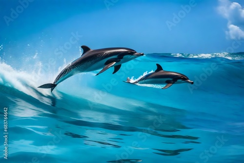 dolphins swimming in crystal-clear, blue waves