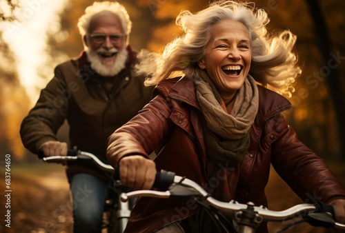 a senior couple on the bikes laughing about the autumn adventure quadratura