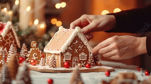 hands making gingerbread houses