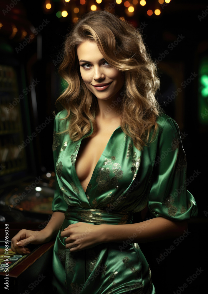 fashion smiling model with green silk dress in the casino fashion smiling model with green silk dress in the casino