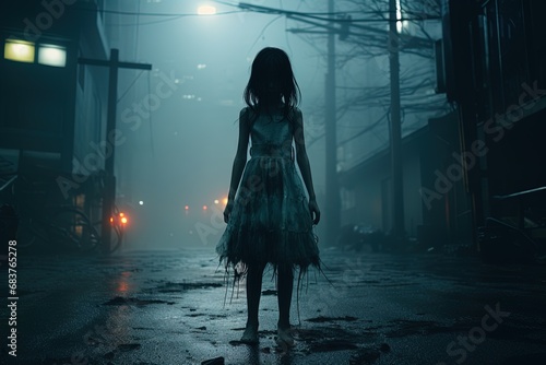 ghost of a little girl in dress on a foggy night street photo
