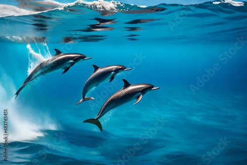 dolphins swimming in crystal-clear, blue waves