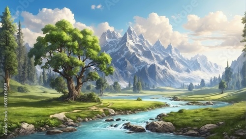 Tranquil forest landscape with mountain, lake, and sky 