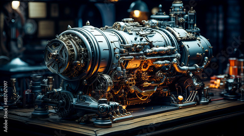 3d rendering of an old engine on a dark dark background. Generative AI technology