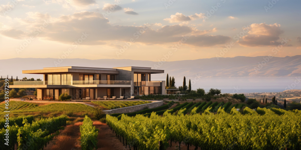 Vineyard landscape with a winery building on a hill under stunning sky. Rows of grapes. Generative AI Vineyard landscape with a winery building on a hill under stunning sky. Rows of grapes. Generative AI