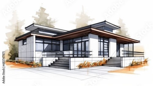 Moderne Wohnarchitektur: Eine Skizze des äußeren Anblicks eines neuen Hauses mit charakteristischen Fenstern