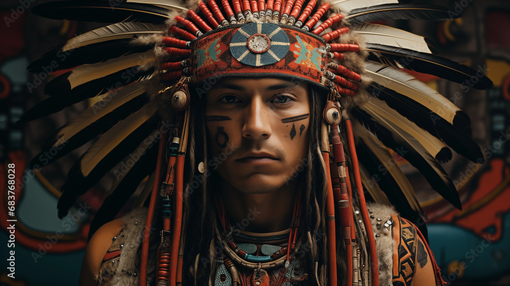 Portrait of a solemn native american man with traditional feather headdress and face paint. Generative AI