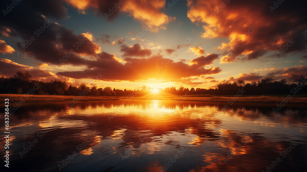 Beautiful sunset with lake and forest view. Landscape wallpaper. Generative AI