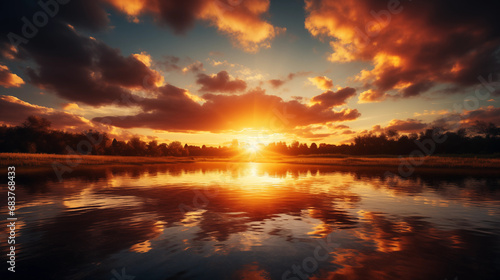 Beautiful sunset with lake and forest view. Landscape wallpaper. Generative AI
