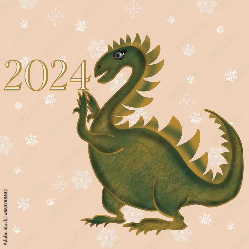 Obraz premium new year dragon dragon with a gift dinosaur, huge lizard, reptile, reptilian, scaly skin, old skin, reptile with a tail, holiday, new year, Chinese new year Christmas tree 
