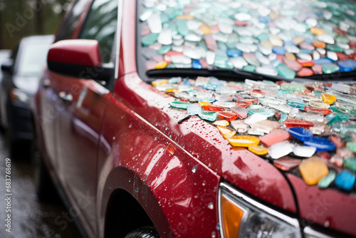 multicolor impacts of hail damage, embodying shattered glass, dented cars, and repairs needed to restore normalcy after a destructive hailstorm