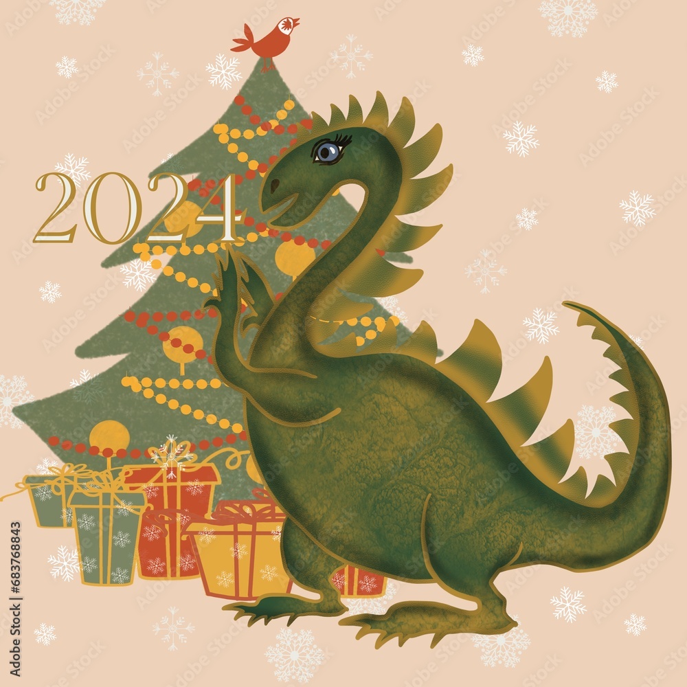 Obraz premium new year dragon dragon with a gift dinosaur, huge lizard, reptile, reptilian, scaly skin, old skin, reptile with a tail, holiday, new year, Chinese new year Christmas tree 