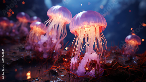Group of Neon Glowing Transparent Jellyfish in The Sea Blurry Background