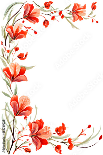 Frame with red and white flowers on white background. vintage style floral border