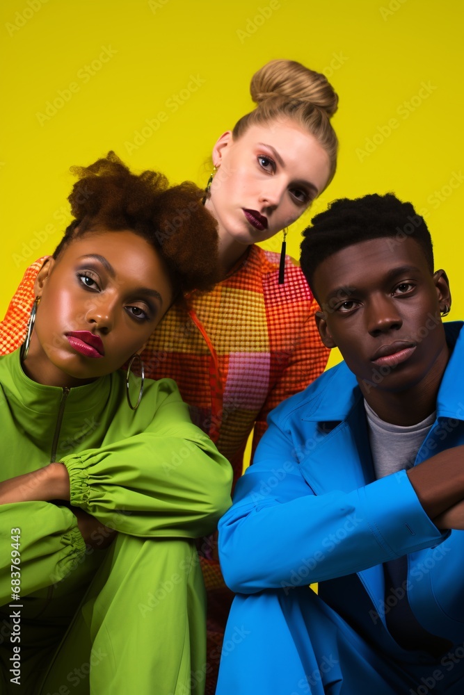 Obraz premium four young people sitting together on a yellow background, bold fashion, colorful costumes, queer academia