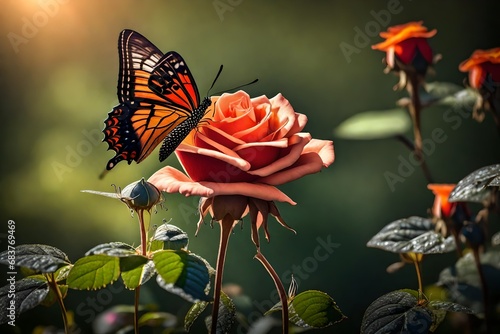 A butterfly perched on a rose in the garden. 