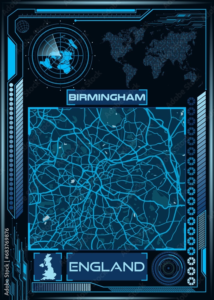 Illustration of an aerial map of Birmingham, United Kingdom