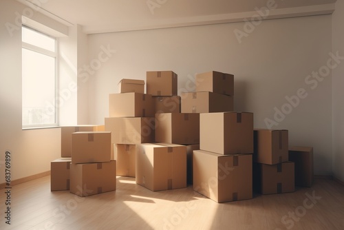 Empty room filled with numerous cardboard boxes, symbolizing moving and purchasing a new home. A visual representation of relocation, change, and the anticipation of a fresh start. © Ilia