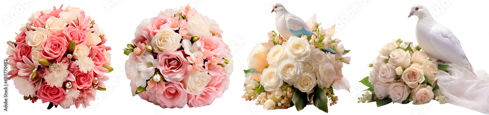 Set/collection of wedding bouquets. Wedding bouquet of white and pink roses. A dove sits on a wedding bouquet. Isolated on a transparent background.