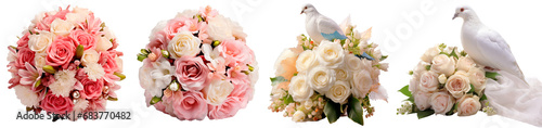 Set collection of wedding bouquets. Wedding bouquet of white and pink roses. A dove sits on a wedding bouquet. Isolated on a transparent background.