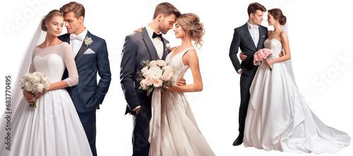 Bride and groom set/collection. Wedding couples. Modern bride and groom with a bouquet in their hands. Isolated on a transparent background.