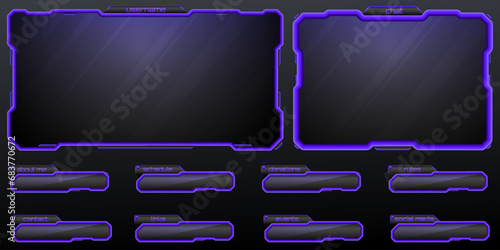 Purple border Live Stream Overlay Webcam Screen Frames and Video Broadcast Infographic Panels for Gaming and Streaming