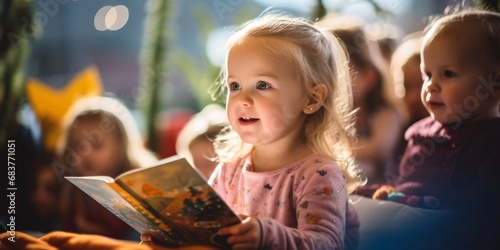 infant toddler toddlers at preschool and kindergarten reading, bokeh panorama, close-up intensity, fairy tale photo