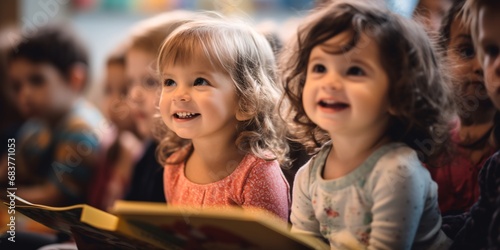 infant toddler girls toddlers at preschool and kindergarten reading, bokeh panorama, close-up intensity, fairy tale photo