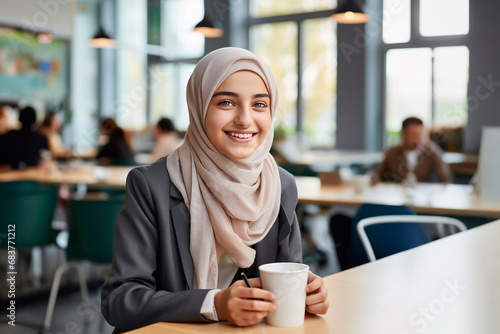 A schoolgirl in a hijab in the school canteen.Beautiful young muslim woman in hijab sitting in a modern cafe photo