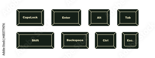 Keyboard Keys set. Escape, Backspace, control, shift, enter, capslock, Tab buttons set in black and white. Editable Keyboard icons set