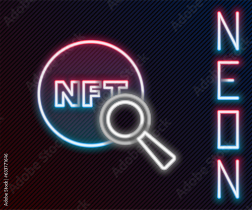 Glowing neon line Search NFT icon isolated on black background. Non fungible token. Digital crypto art concept. Colorful outline concept. Vector