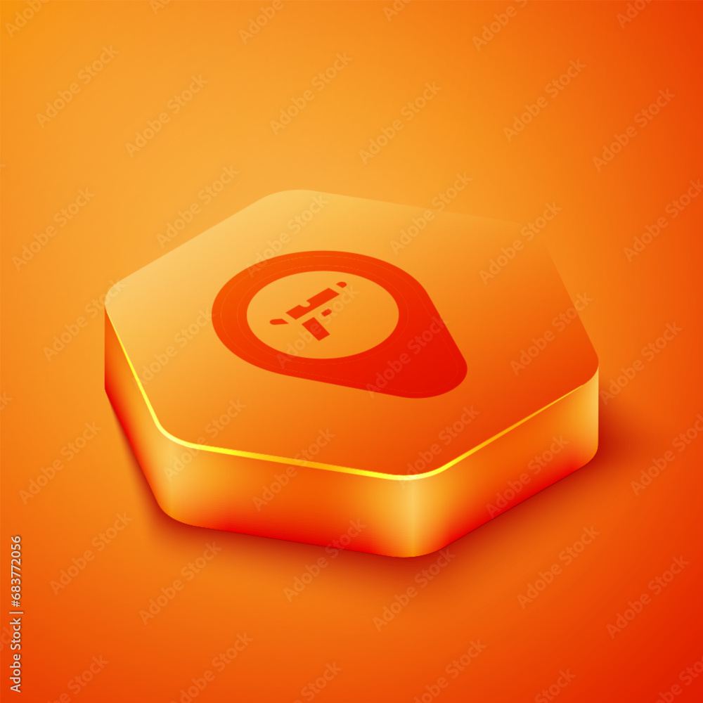 Isometric Location with weapon icon isolated on orange background. Orange hexagon button. Vector Isometric Location with weapon icon isolated on orange background. Orange hexagon button. Vector
