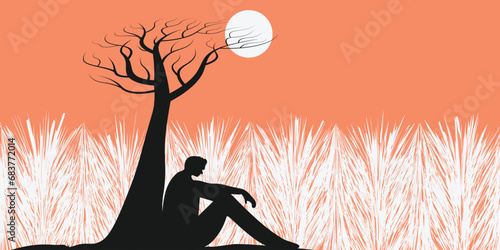 silhouette of a man sitting under a tree vector illustration, low angle view. 