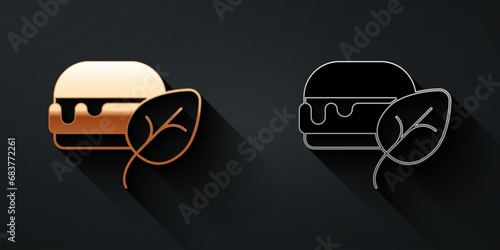 Gold and silver Vegan food diet icon isolated Gold and silver background. Organic, bio, eco symbol. Vegan, no meat, lactose free, healthy, fresh and nonviolent food. Long shadow style. Vector