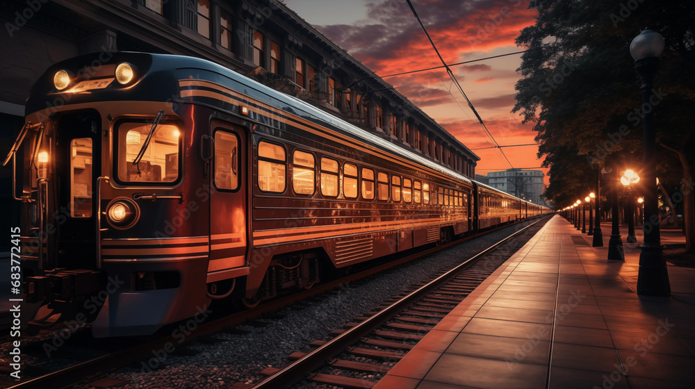 Vintage train parked at a station during sunset with glowing street lamps. Generative AI