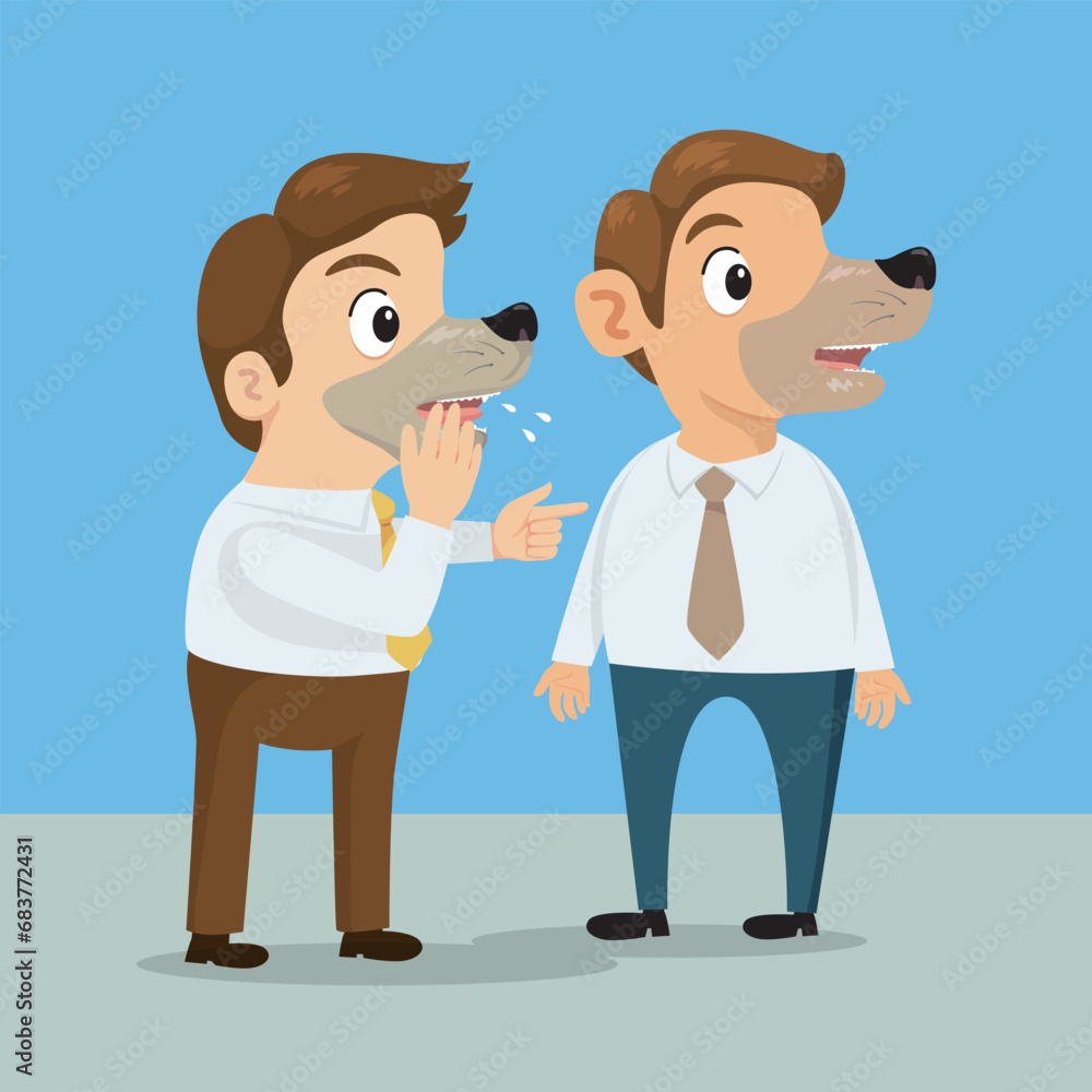 Two business people friends that has a mouth human with dogs mouths gossip,illustration vector eps10 cartoon. Two business people friends that has a mouth human with dogs mouths gossip,illustration vector eps10 cartoon.