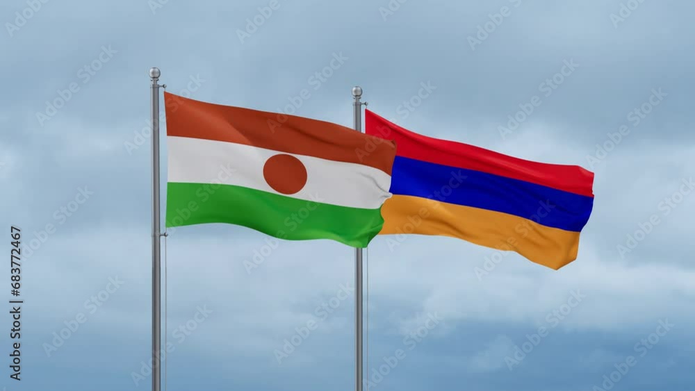 Armenia and Niger flag waving together on cloudy sky, endless seamless loop, two country cooperation concept Armenia and Niger flag waving together on cloudy sky, endless seamless loop, two country cooperation concept