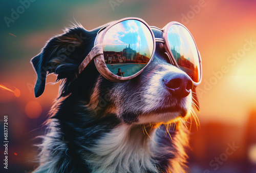 modern style dog wearing sunglasses on bright background, cyberpunk realism, richly colored skies, hyper-realistic oil