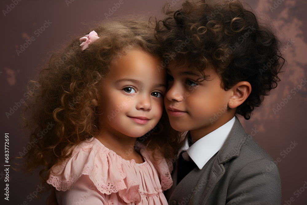 Cute curly girl and boy in love on a pink background generated AI Cute curly girl and boy in love on a pink background generated AI