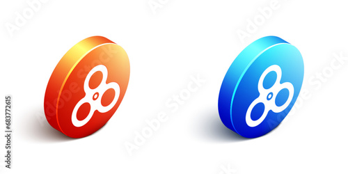 Isometric Fidget spinner icon isolated on white background. Stress relieving toy. Trendy hand spinner. Orange and blue circle button. Vector