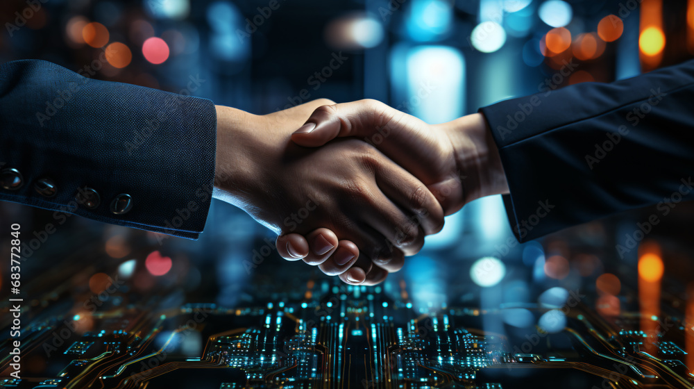 Two people shake hands on business. Technology and circuit boards in the background